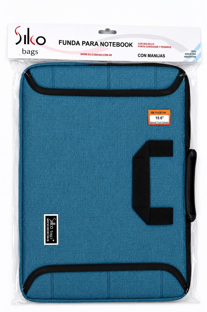 FUNDA NOTEBOOK 15.6 PULGADAS CON MANIJAS + BOLSILLO P/ CARGADOR - TURIN CELESTE TELA