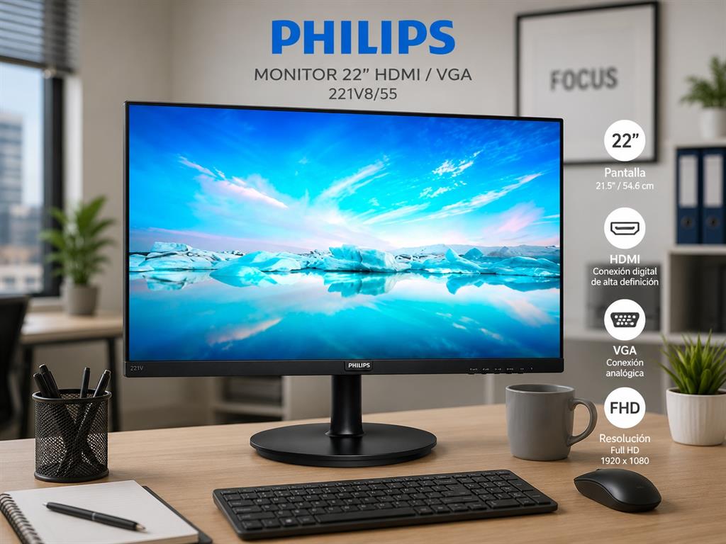 MONITOR PHILIPS 22"  HDMI /VGA 221V8/55