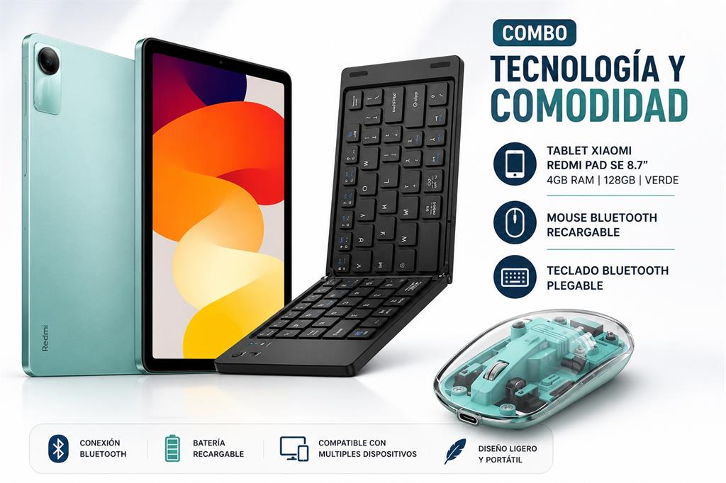 TABLET XIAOMI REDMI PAD SE 4GB RAM 128GB 8.7" - VERDE + MOUSE BLUETOOTH RECARGABLE & TECLADO BLUETOOTH