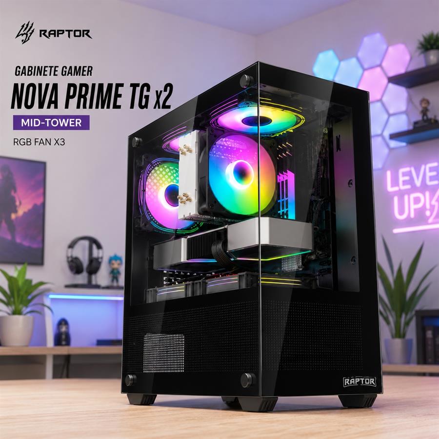 GABINETE GAMER NOVA PRIME  TG x2 MID-TOWER RGB FAN X3
