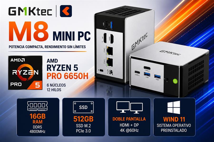 GMKTEC MINI PC M8  AMD RYZEN 5 PRO 6650H 16GB RAM 512 SSD WIND 11