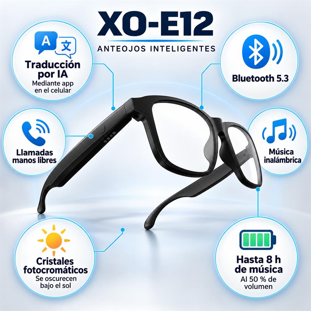 LENTES INTELIGENTES XO-E12 PRO CON TRADUCCION POR IA Y AUDIO BT 5.3