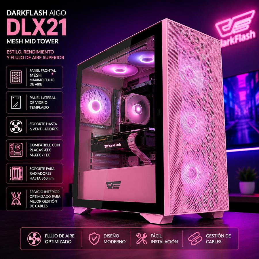 AIGO GABINETE GAMER DLX21 MESH MID TOWER ROSA